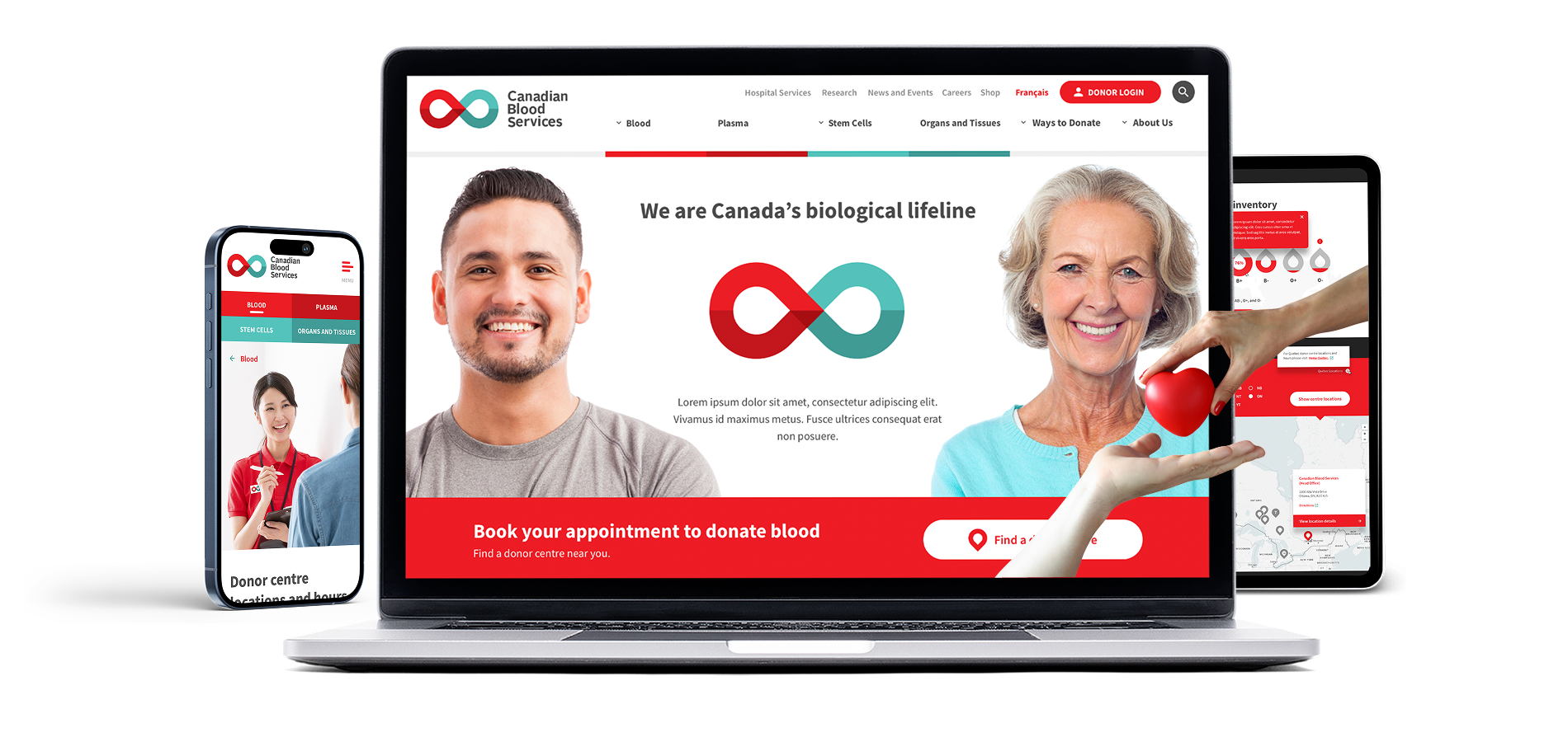 Responsive Canadian Blood Services website mockups on multiple devices